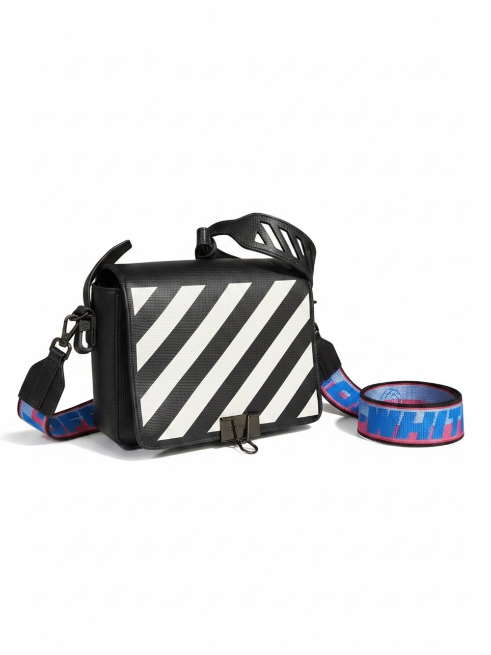 Off-White Diag Flap Crossbody Messenger Bag Black Leather Virgil Abloh